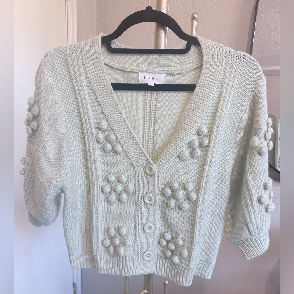 EUC Bohme Cropped Short Sleeve Cardigan Sweater in Light Green - Size Large
